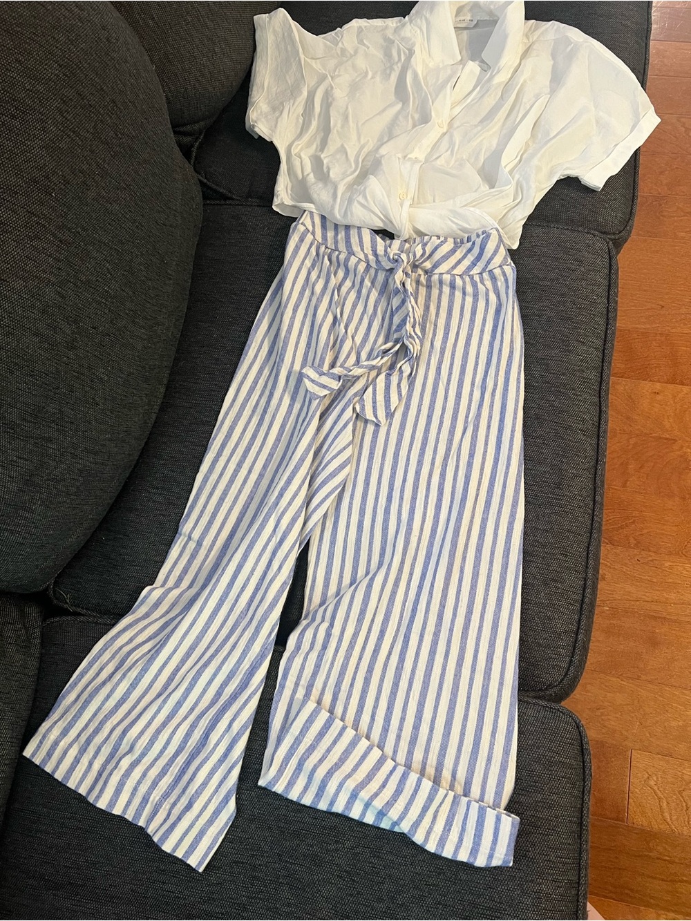 Zara Kids Blue and White Striped Wide-Leg Tie-Waist Pants